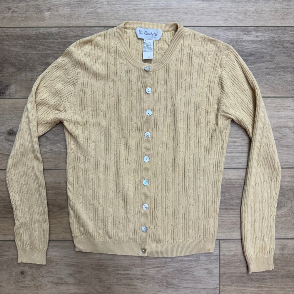Via Condotti Silk Cashmere Cable Knit Cardigan Butter Yellow Mother of Pearl M